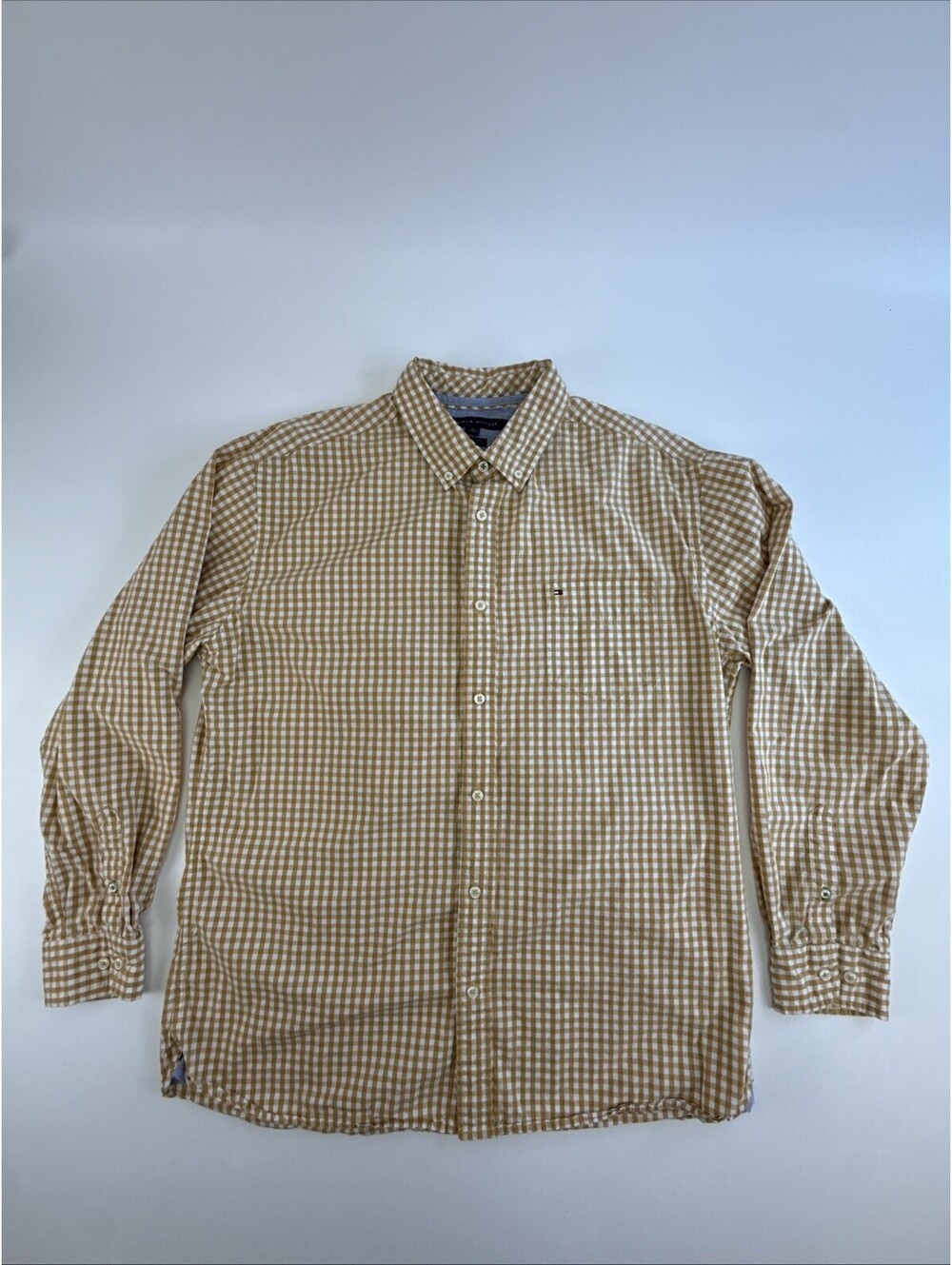 Tommy Hilfiger Mens XL Honey And White Checked Button Down Long Sleeve